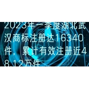 2023年一季度湖北武汉商标注册达16340件，累计有效注册近48.12万件